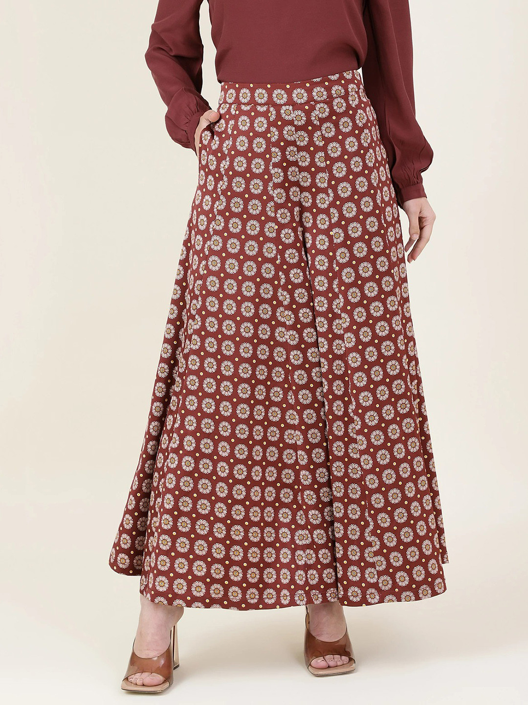 Marks & Spencer Women Maroon Floral Printed Pleated Flared Fit Trousers