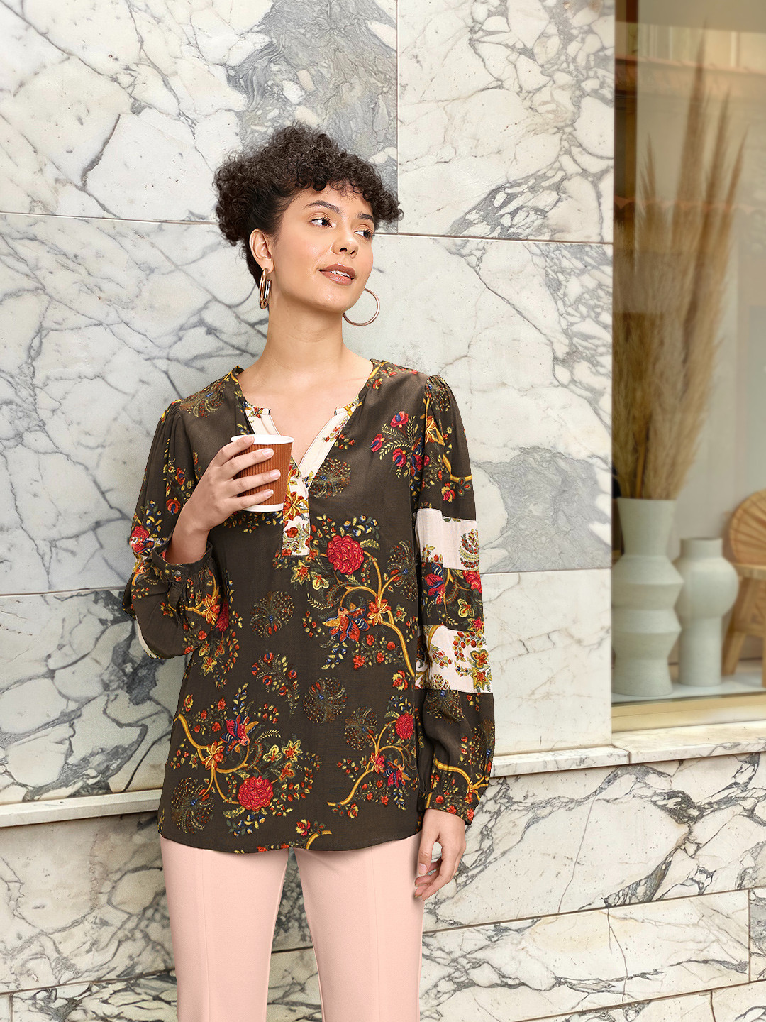Marks & Spencer Coffee Brown & Red Floral Print Top