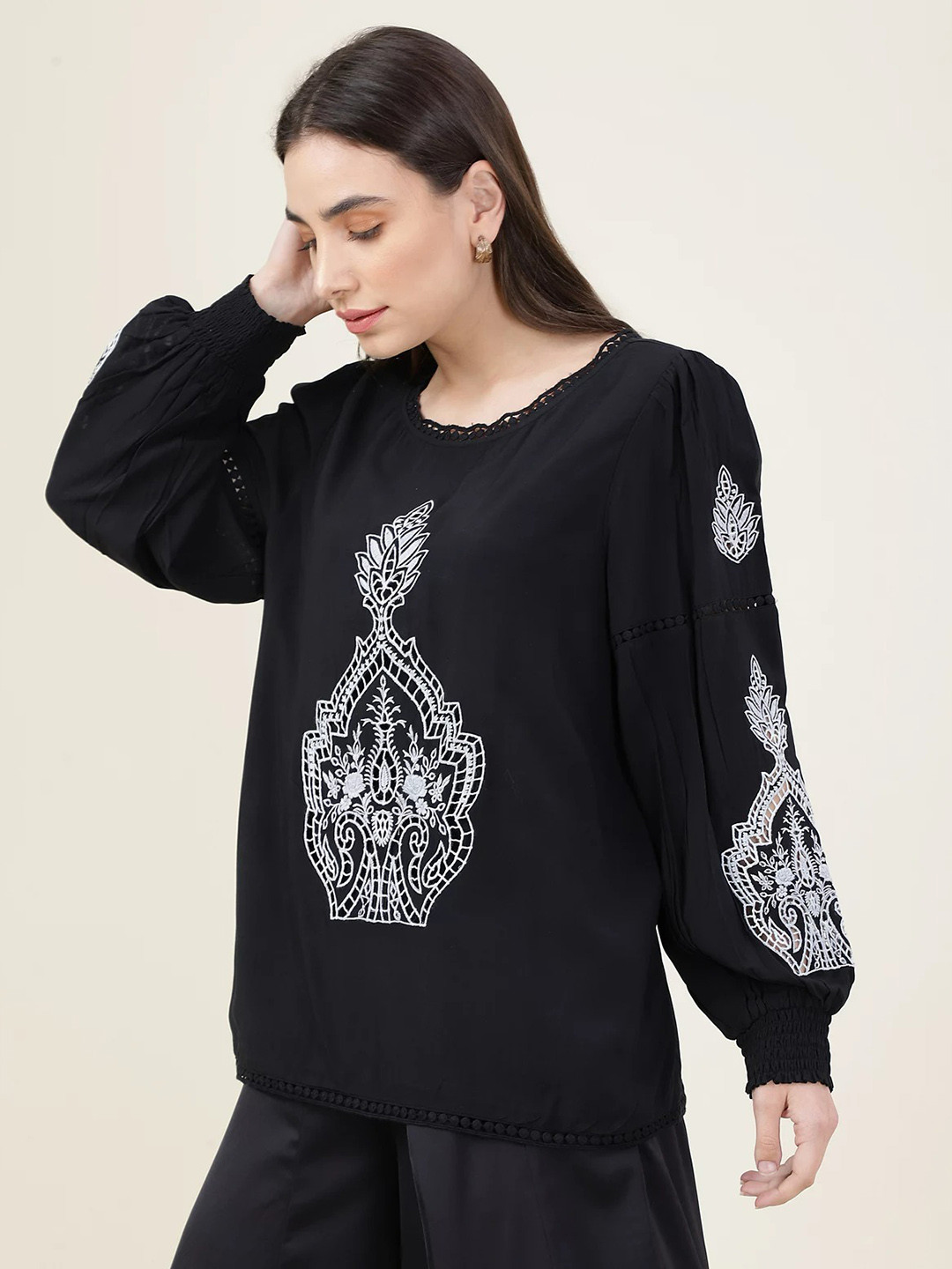 Marks & Spencer Women Black Embroidered Bishop Sleeves Top
