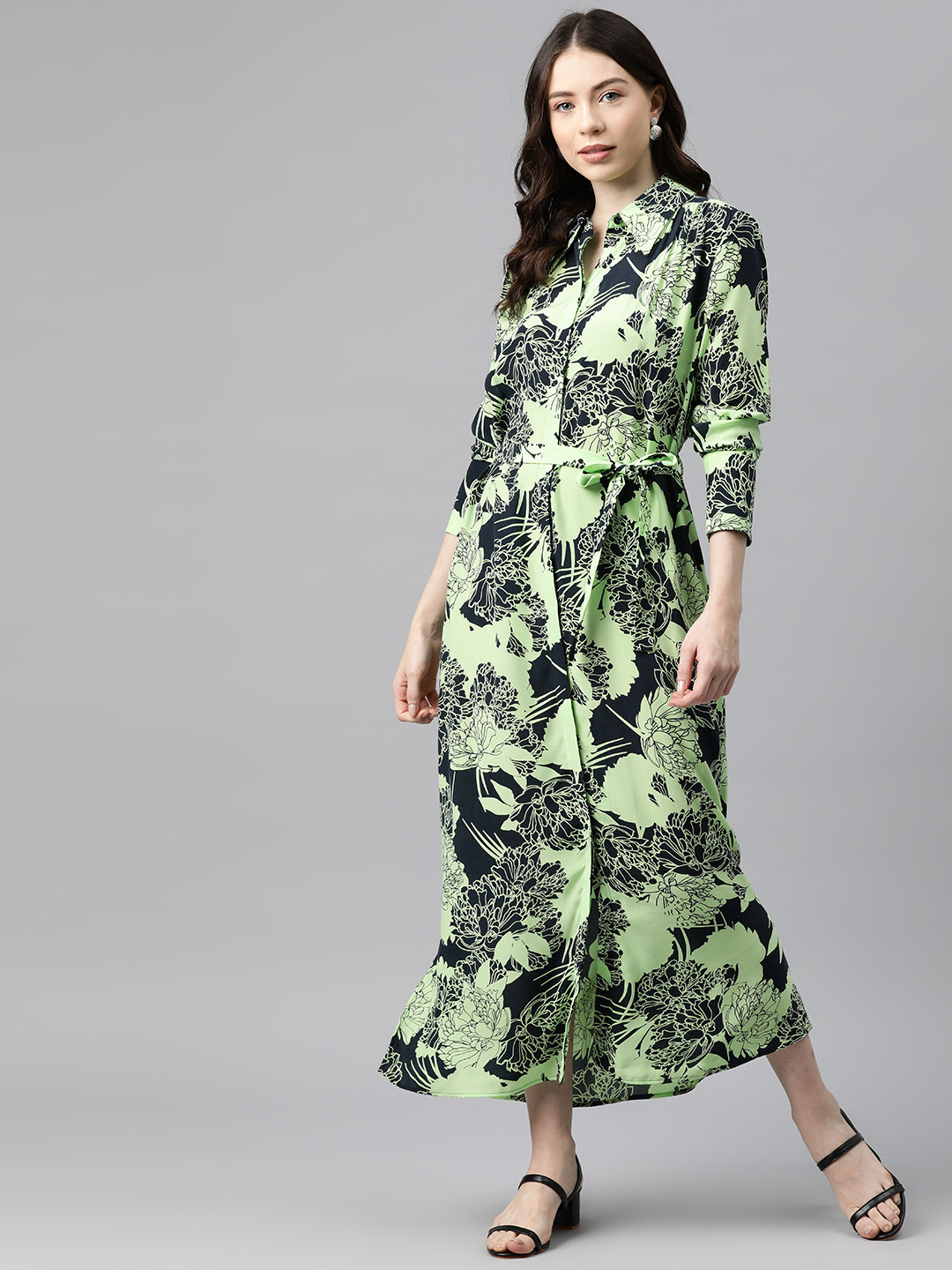 Marks & Spencer Green & Black Floral Print Puff Sleeve Shirt Midi Dress
