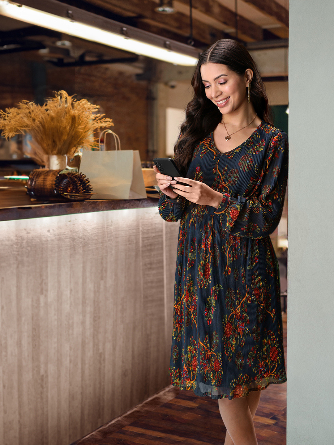 Marks & Spencer Navy Blue & Red A-Line Printed Dress