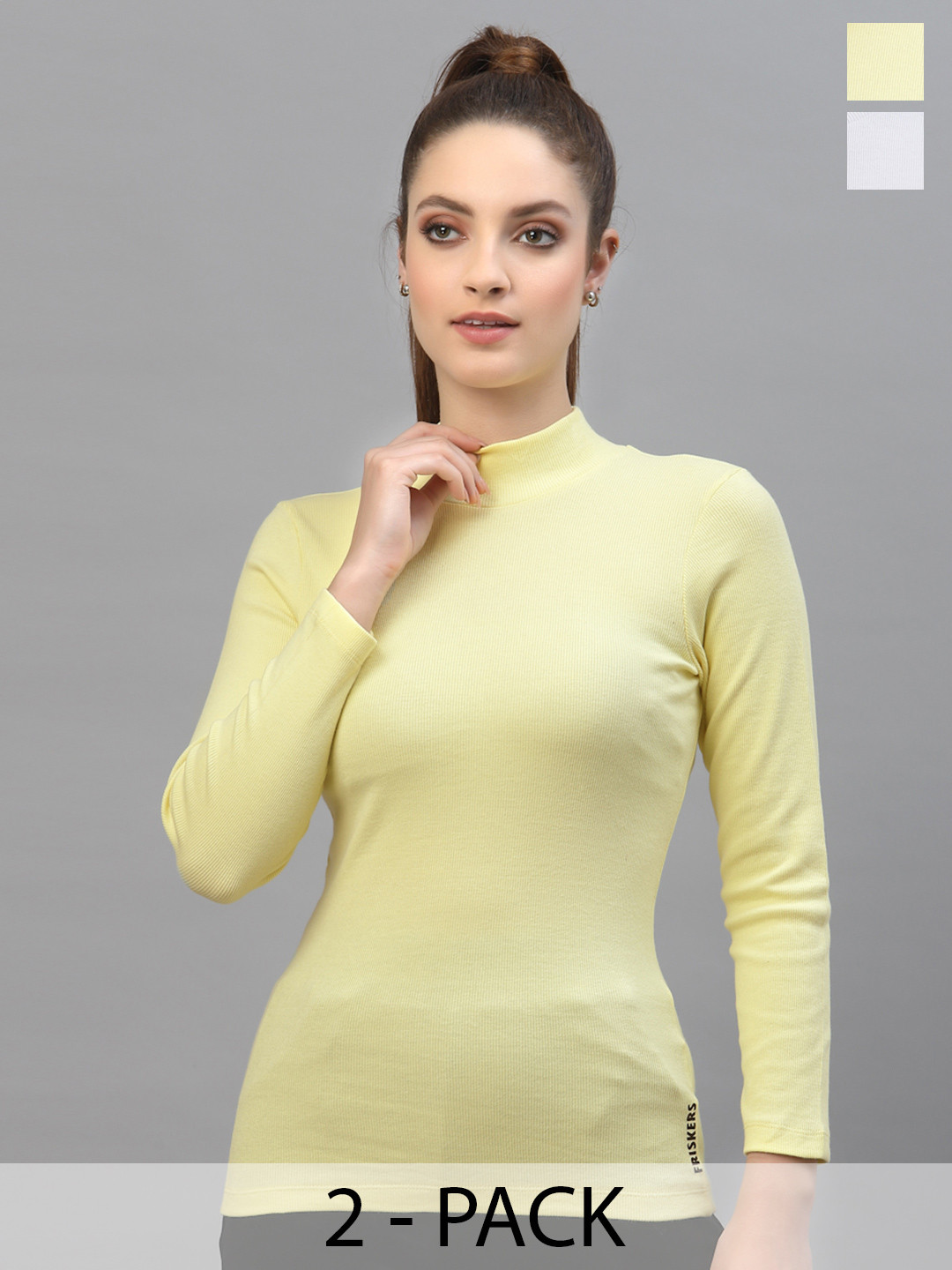 Friskers Women Pack of 2 White & Yellow Solid High Neck Top