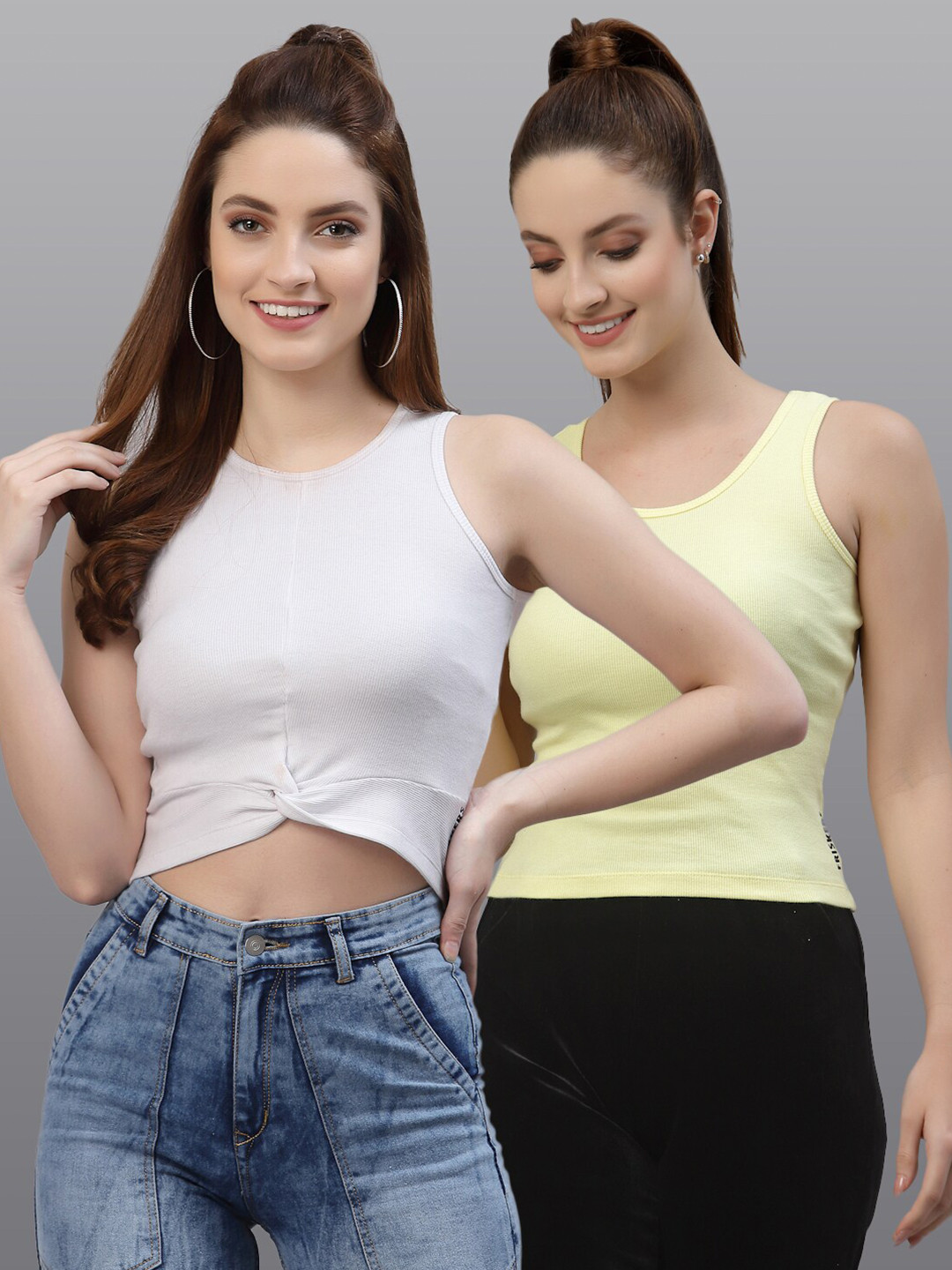 Friskers Set Of 2 White & Yellow Crop Top