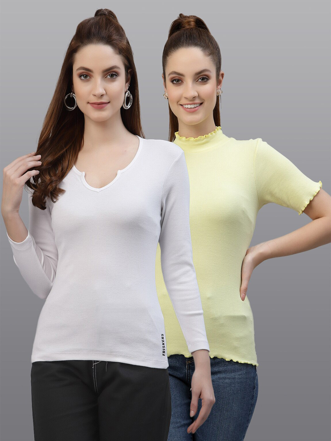 Friskers Pack of 2 White & Yellow Cotton Rib Fitted Top