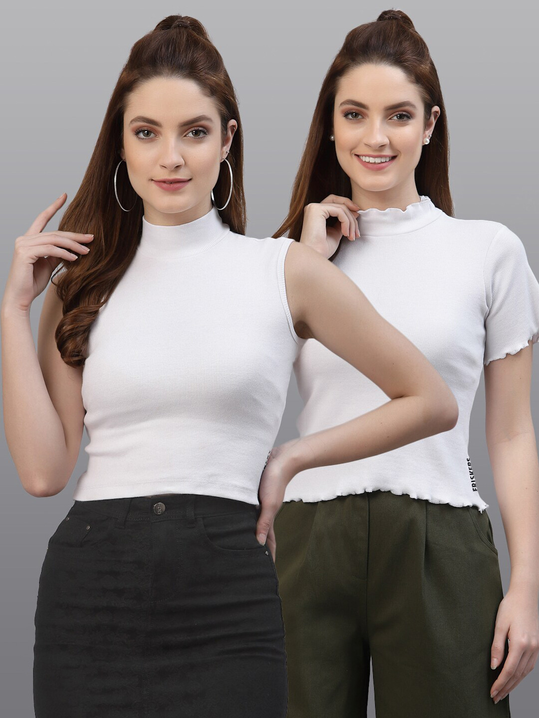 Friskers White Pack of 2 Sleeveless and Half Sleeve Turtle Neck Crop Top