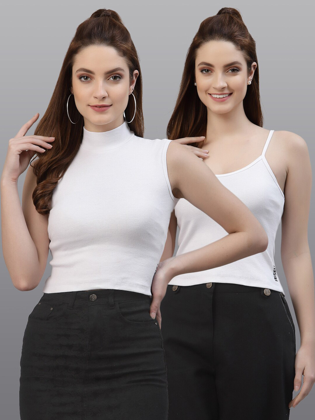 Friskers White Pack of 2 Sleeveless Turtle Neck Crop Top
