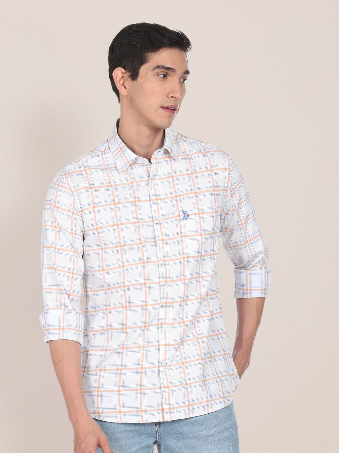 U.S. Polo Assn. Men Pink Windowpane Checked Pure Cotton Casual Shirt