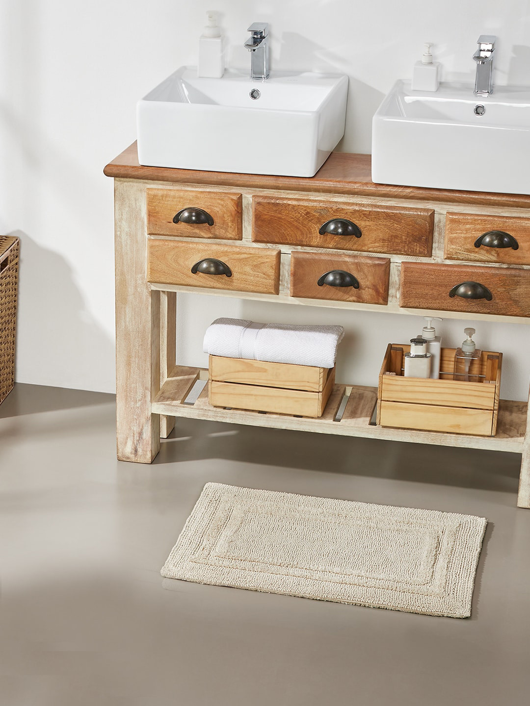 Pano Beige Double Race Track Reversible Linen Bath Mat