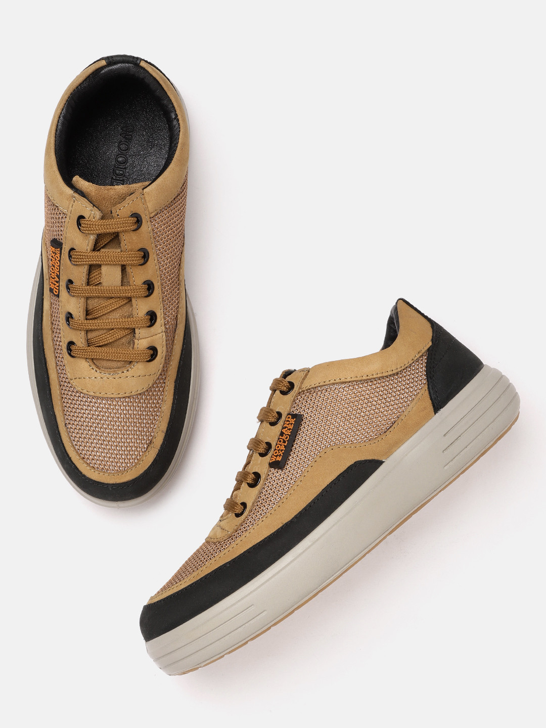 Woodland Men Camel Brown Woven Design Colourblocked Leather Sneakers