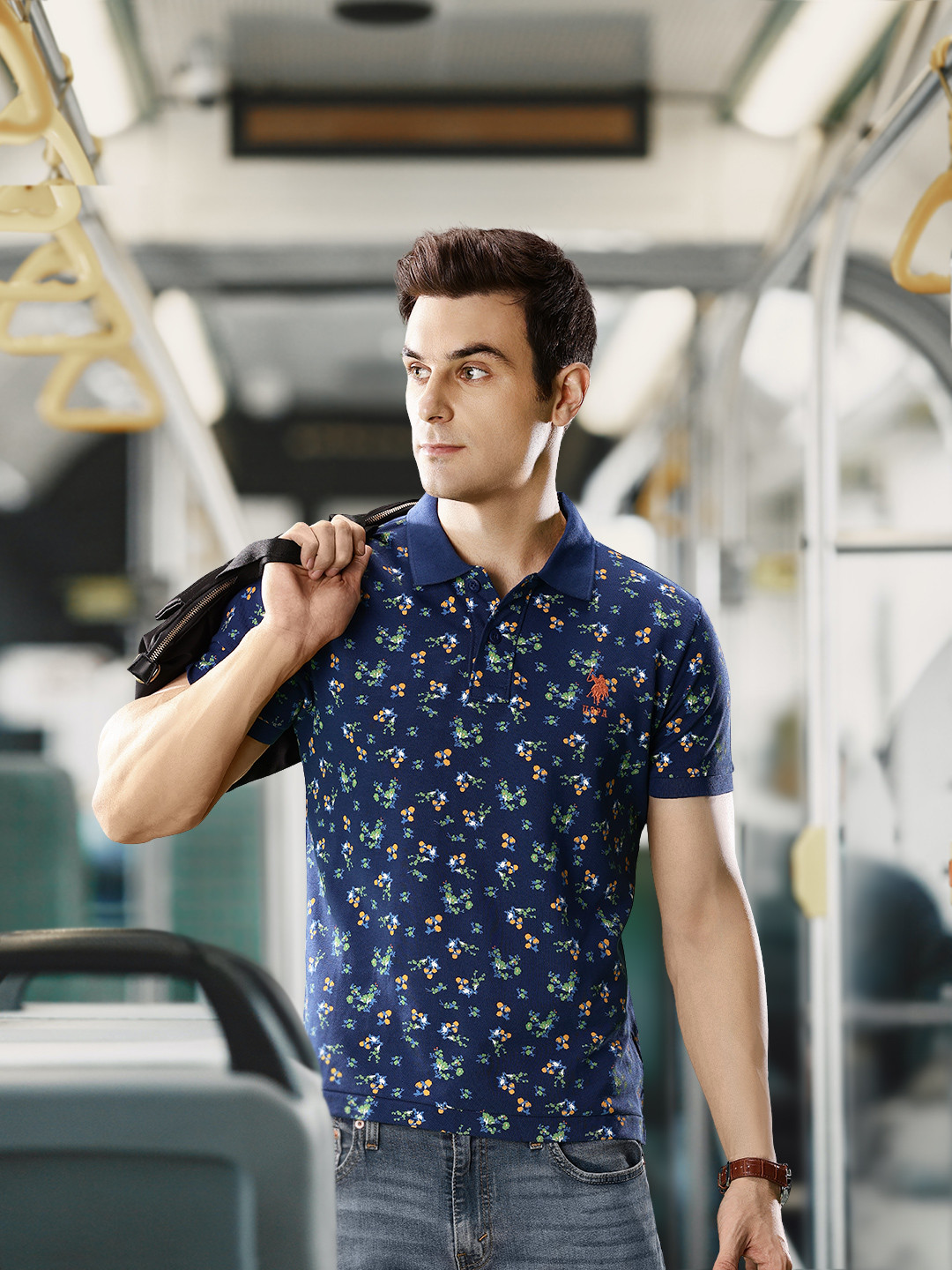 U S Polo Assn Men Navy Blue & Green Floral Printed Polo Collar Pure Cotton Slim Fit T-shirt