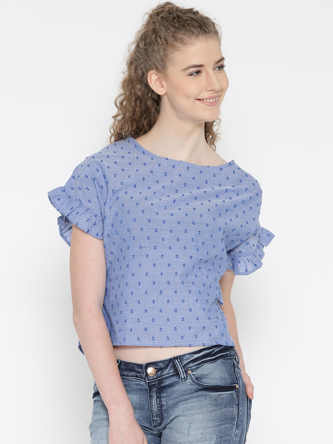 Noi Women Blue Self-Design Crop Top