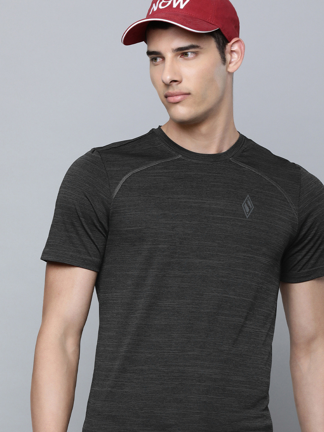 Skechers Men Charcoal Black Solid Round-Neck Casual T-shirt