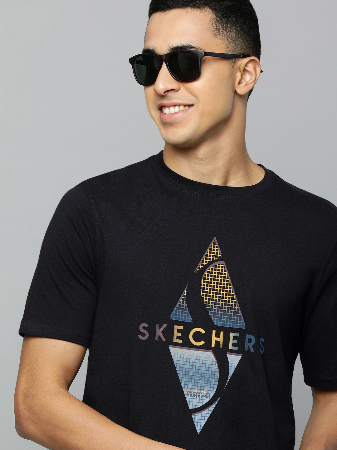 Skechers Men Black Brand Logo Printed Pure Cotton T-shirt