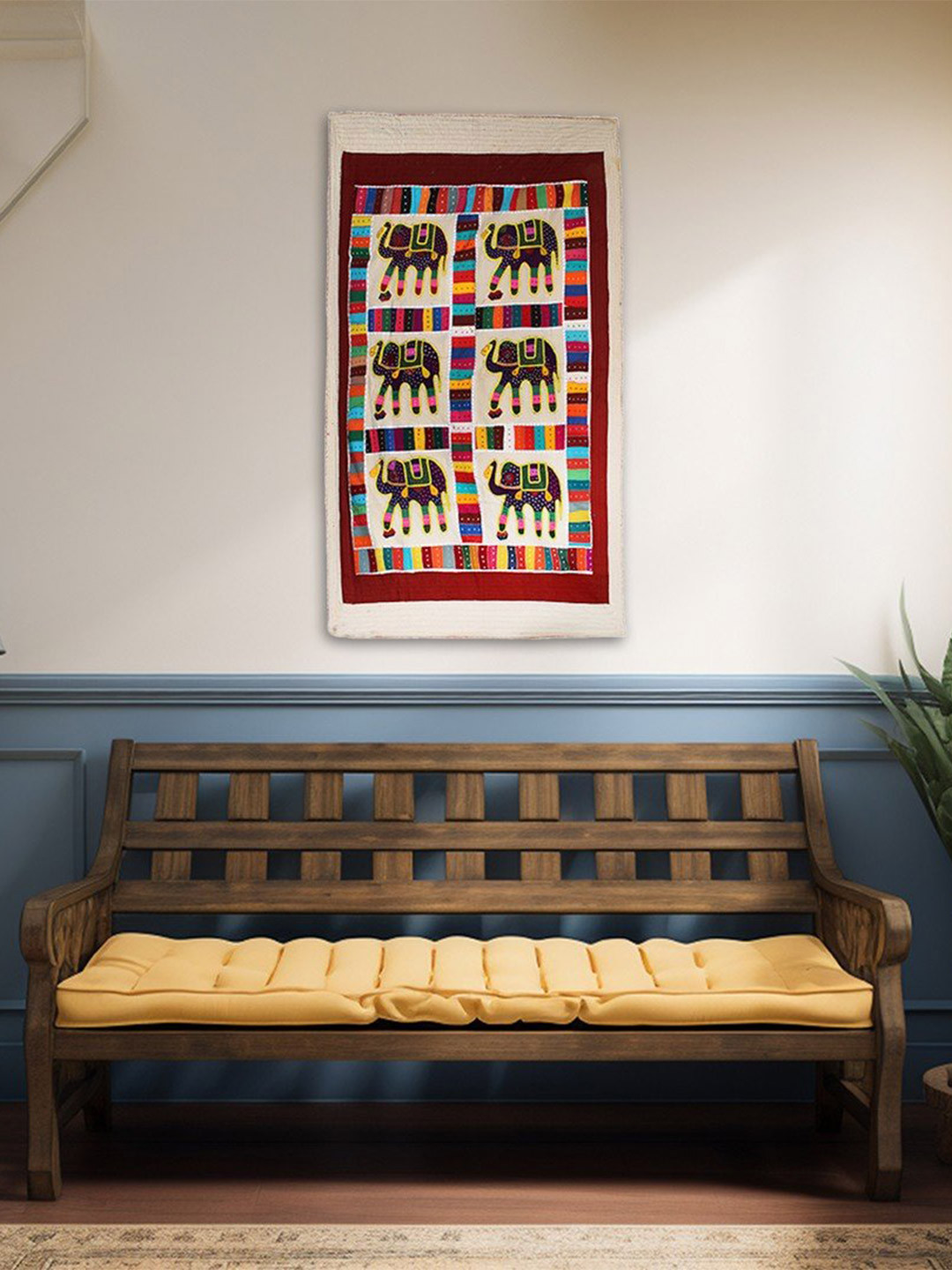 Exotic India Off White & Maroon Animals Cotton Wall Art