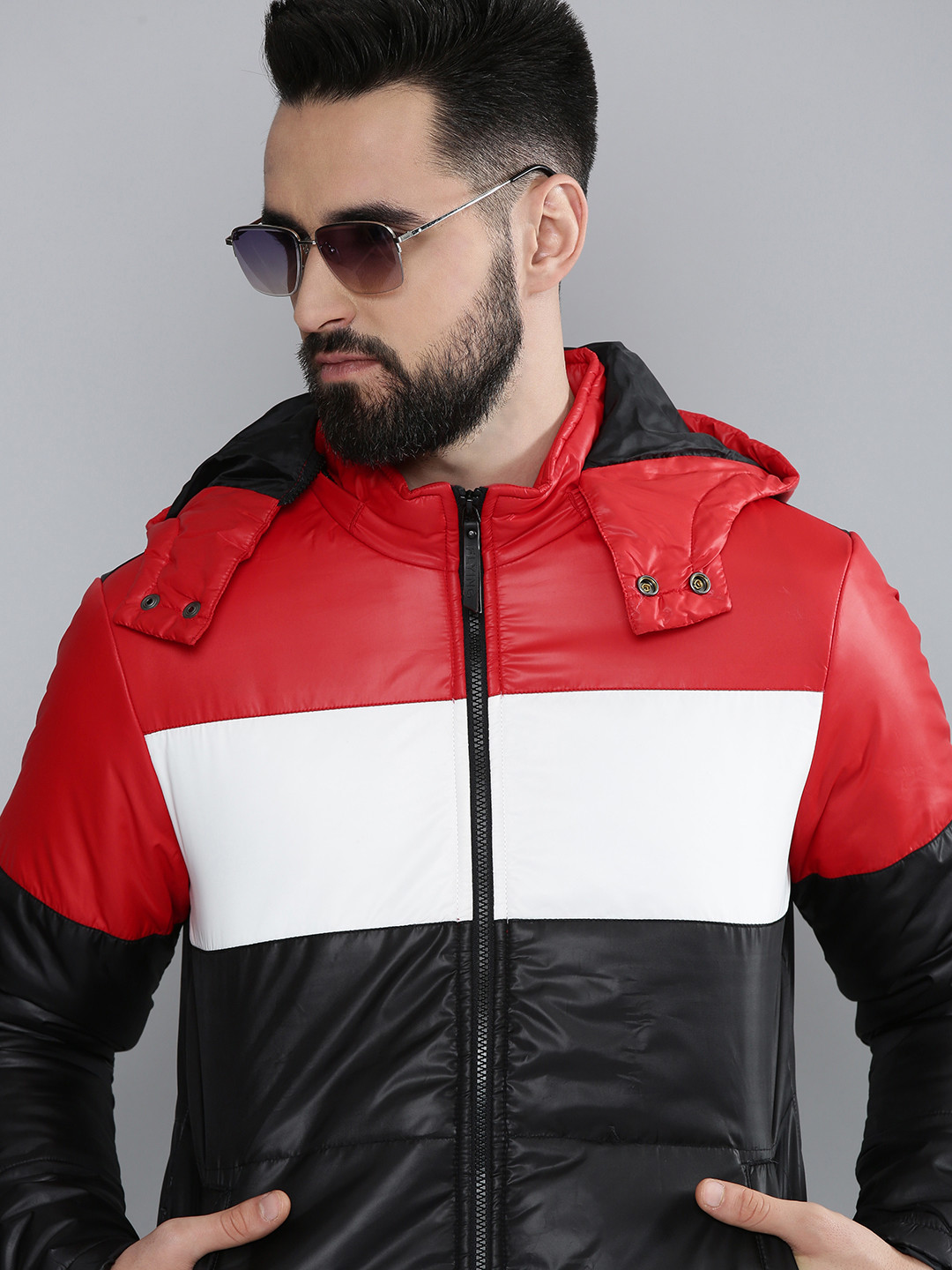 Flying Machine Men Black & Red Colourblocked Hooded Puffer Jacket