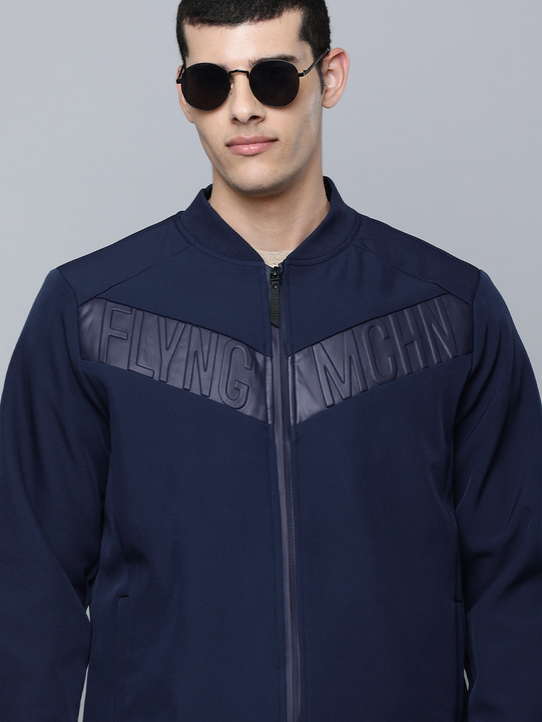Flying Machine Men Blue Brand Logo Applique Stand-Collar Bomber Jacket