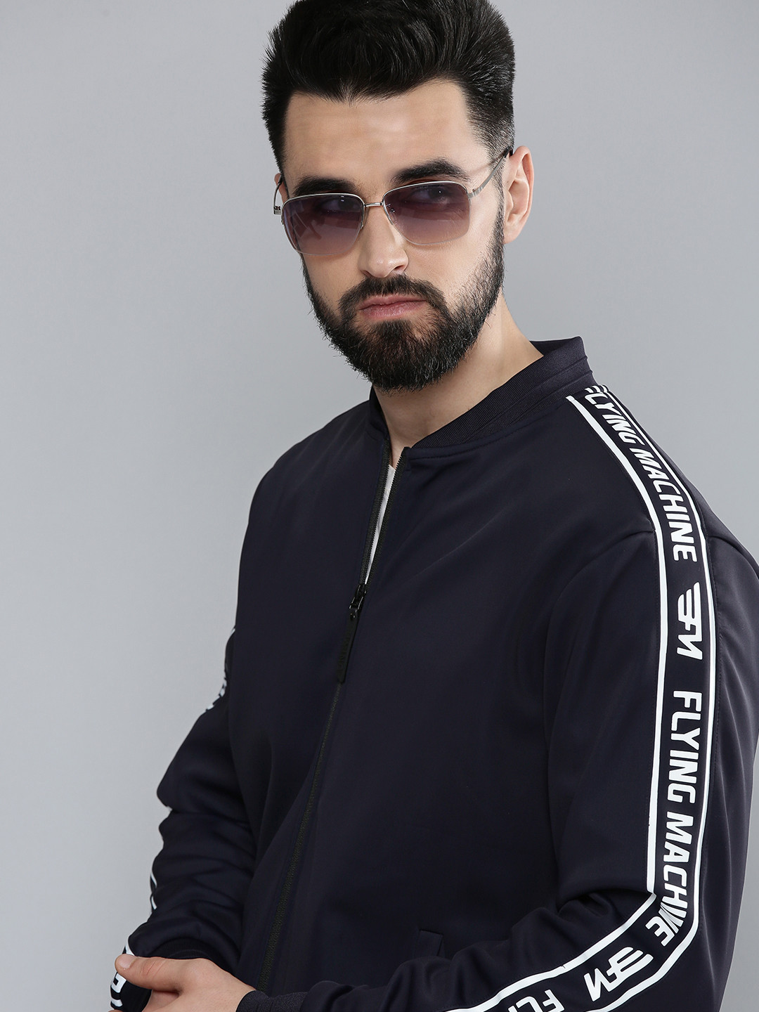 Flying Machine Men Navy Blue Solid Bomber Jacket with Print Detail