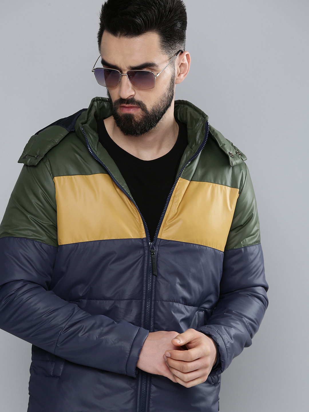 Flying Machine Men Navy Blue & Olive Green Colourblocked Hooded Puffer Jacket
