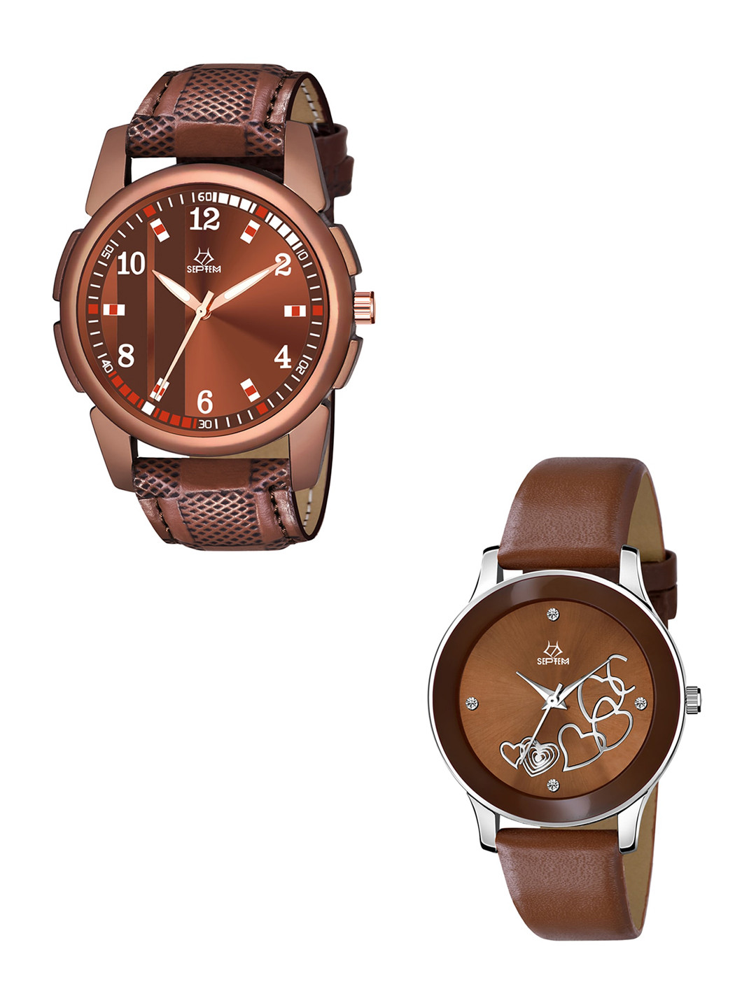 Septem Set of 2 His or Her Brown Embellished Dial & Brown Leather Straps Analogue  Watches