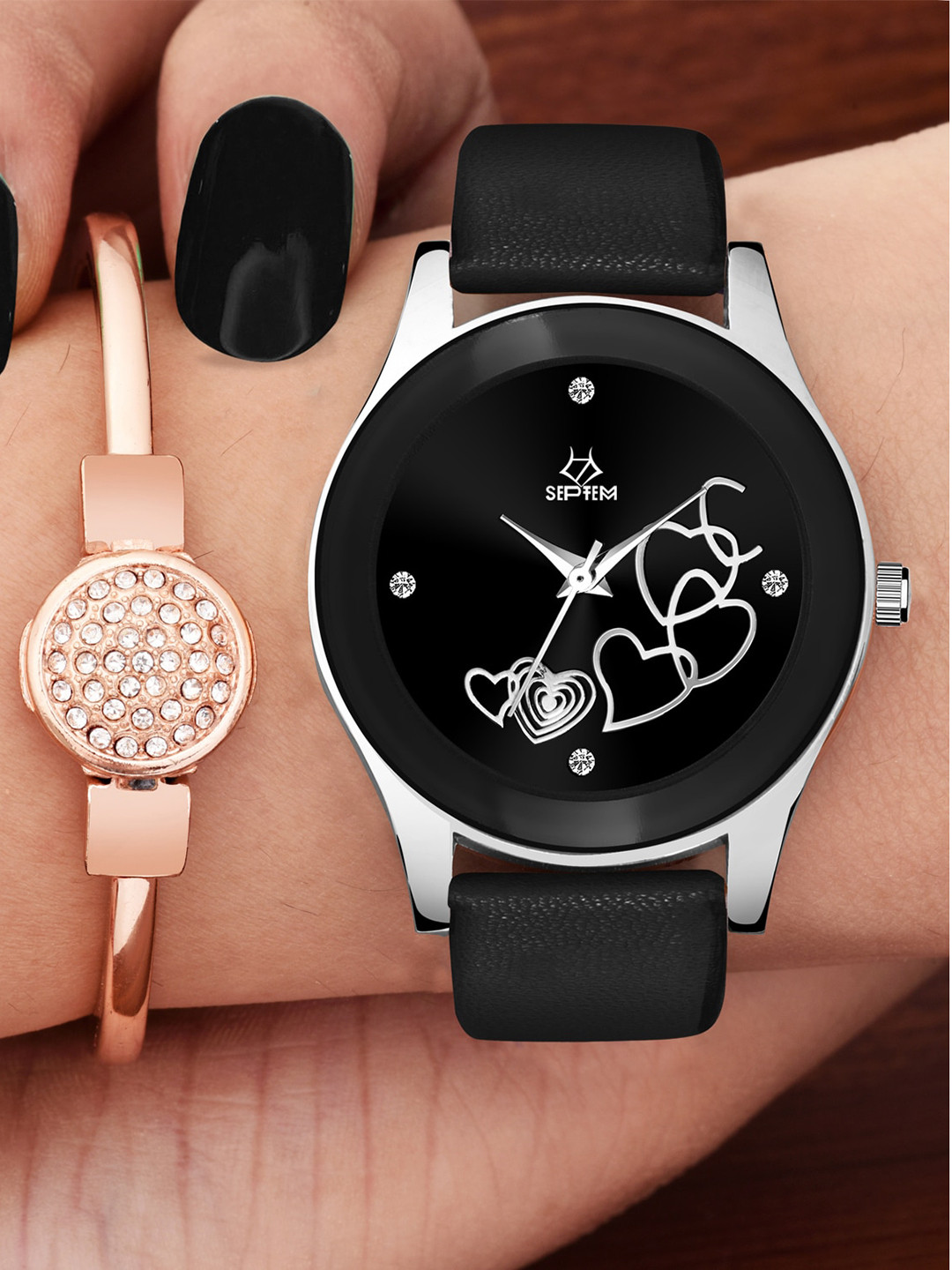 Septem Pack Of 2 Black Embellished Dial & Black Leather Straps Analogue Watch