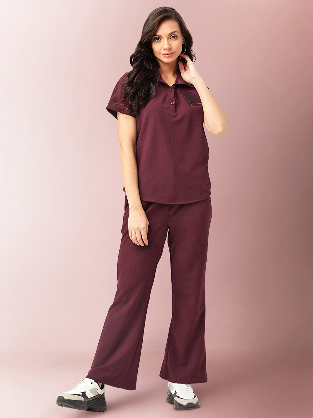 LILL Women Burgundy Solid Bloom Co-Ords Set