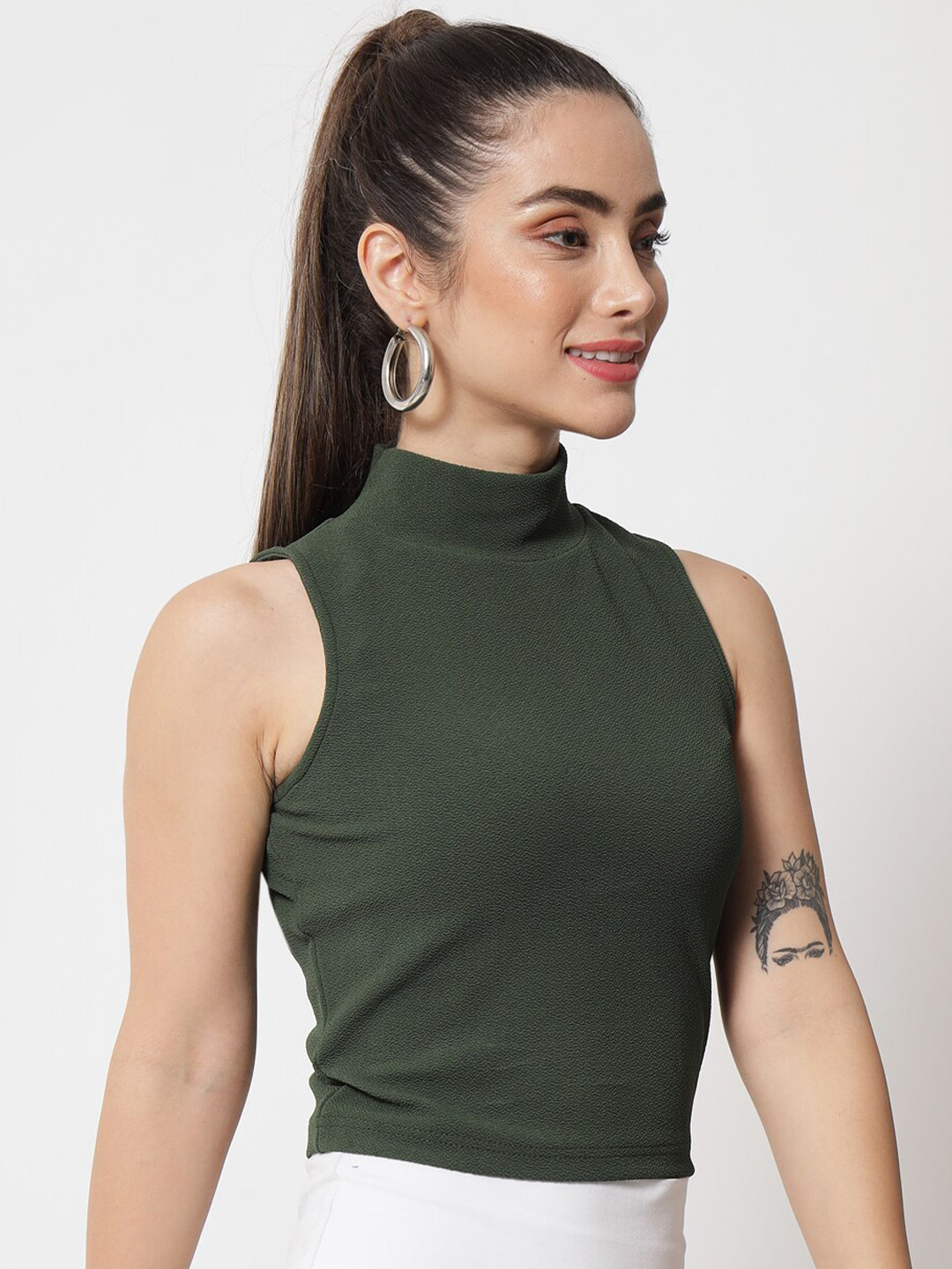 Orchid Blues Women Olive Green Solid High Neck Crop Top