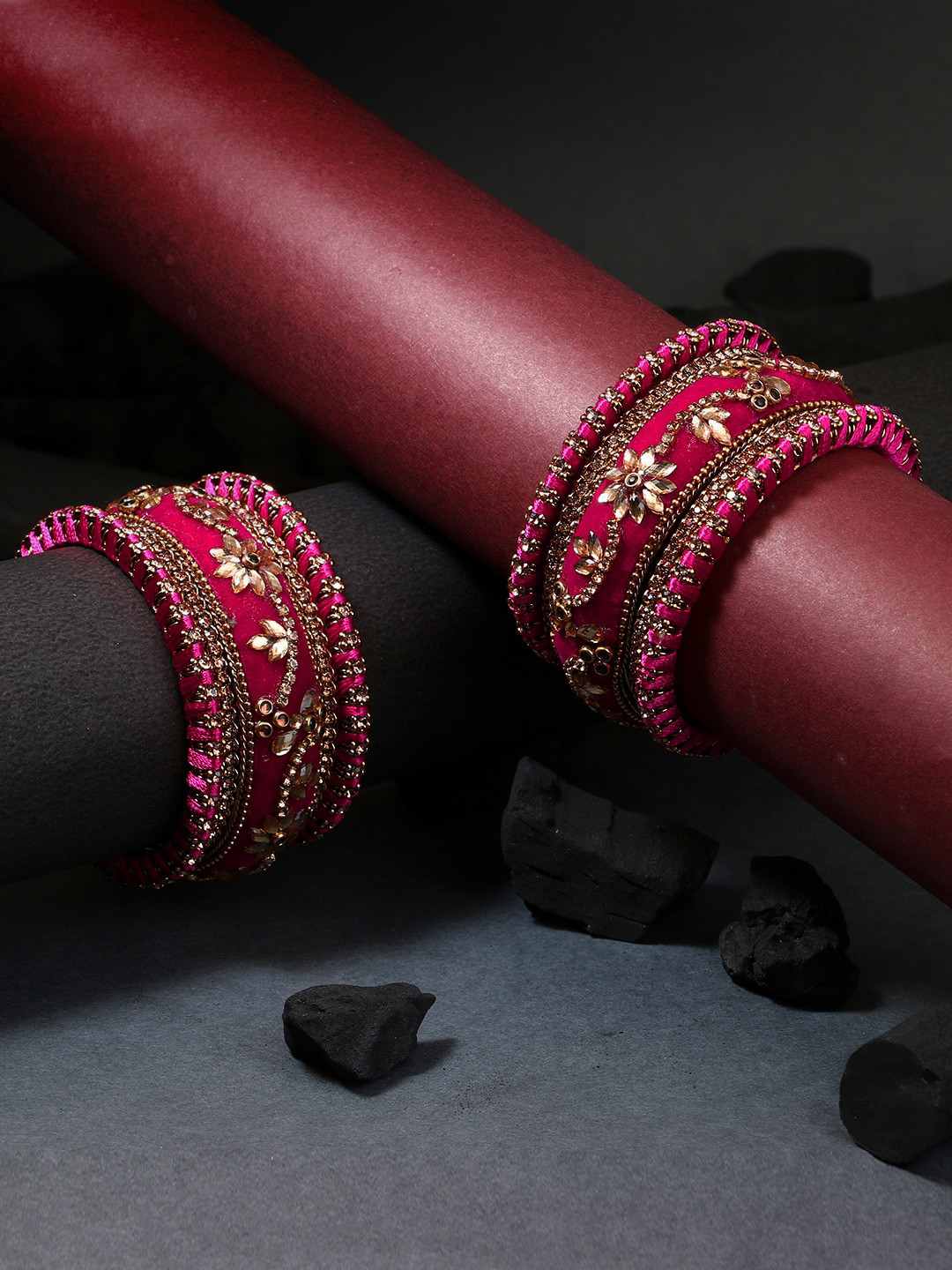 Adwitiya Collection Women Magenta & Gold Set Of 10 Velvet Silk Thread Chuda Bangle Set