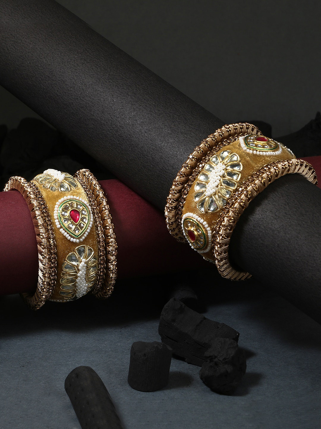 Adwitiya Collection Pack Of 10 Gold-Toned Mustard Velvet Silk Thread Chuda Bangle
