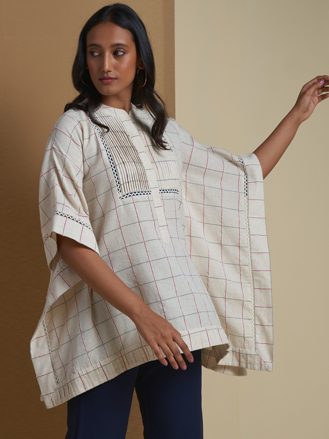 Ritu Kumar Off White & Maroon Checked Flared Sleeves Pure Cotton Kaftan Kurti