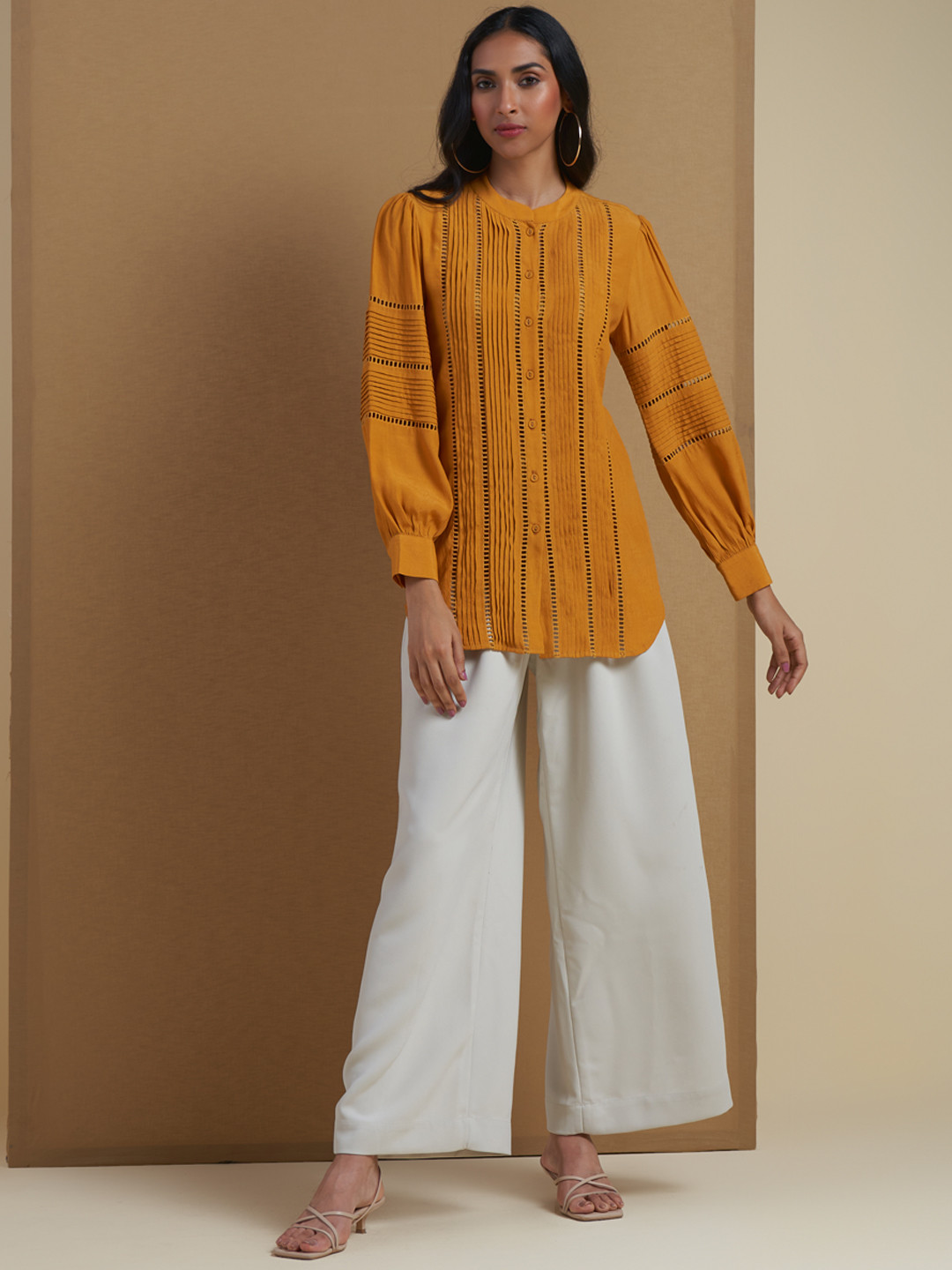 Ritu Kumar Mustard Yellow Striped Pure Crepe Pleated Kurti