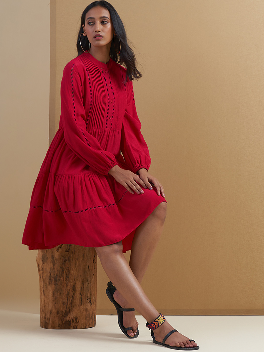 Ritu Kumar Pink Solid Tiered Lace Inserts A-Line Dress