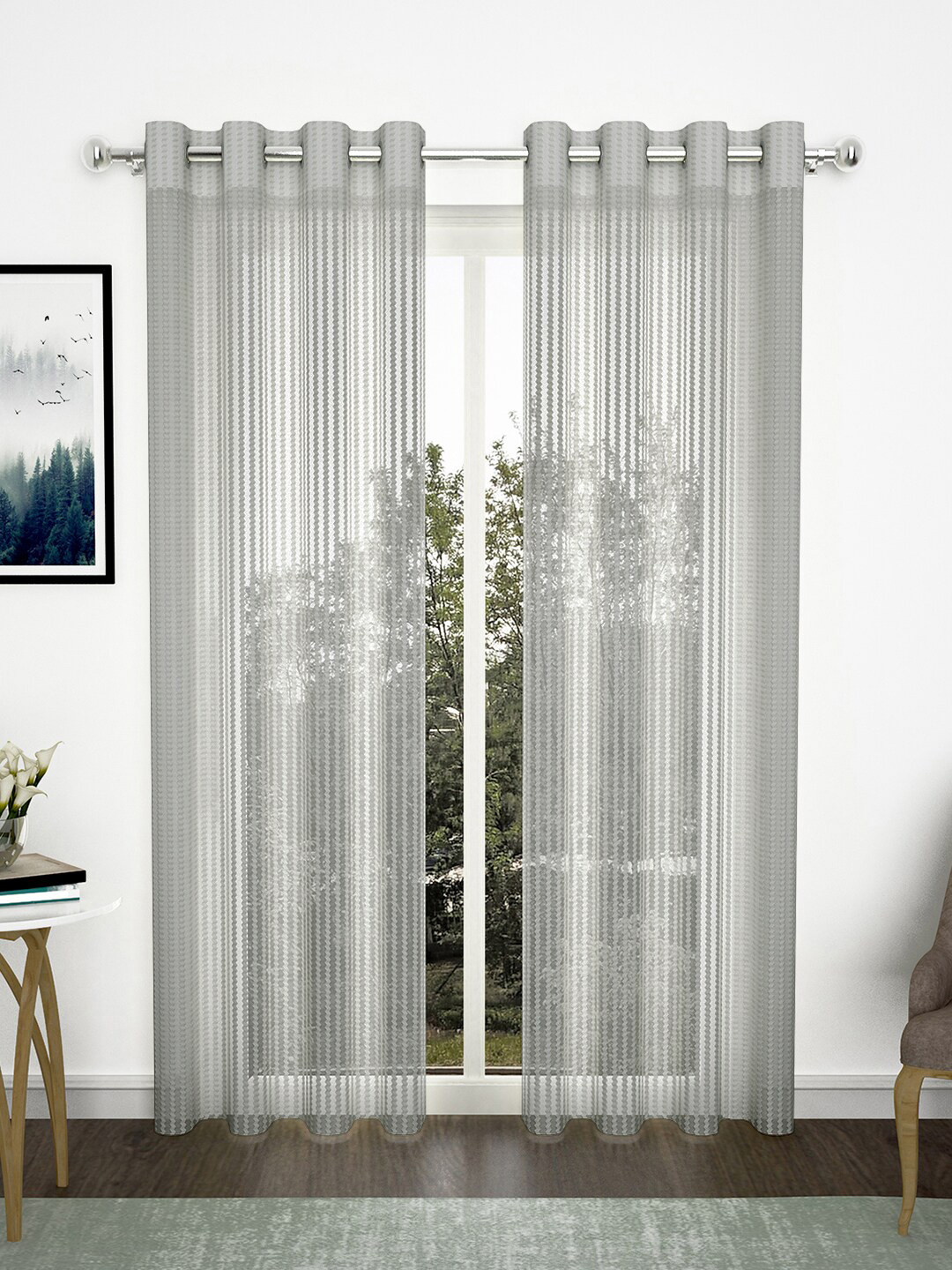 Story@home Grey Set of 2 Striped Sheer Door Curtain