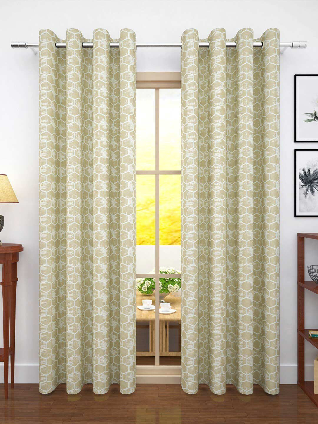 Story@home Jacquard Beige & Off White Set of 2 Room Darkening Long Door Curtains