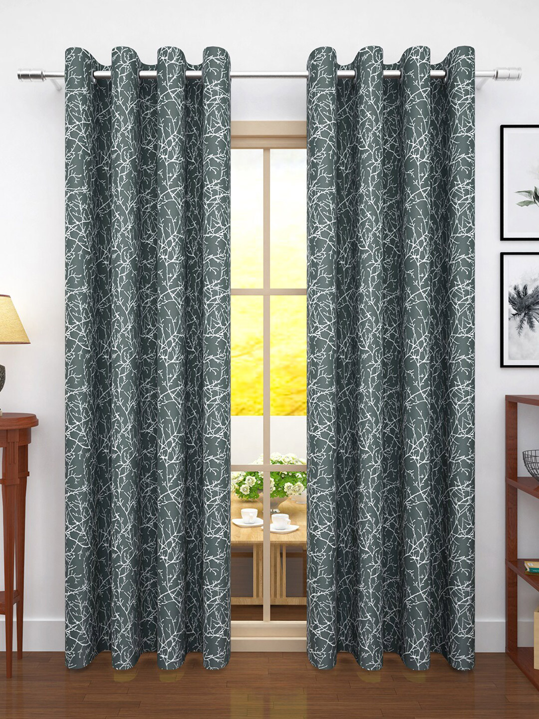 Story@home Grey & Off White Set of 2 Room Darkening Door Curtains and Sheers