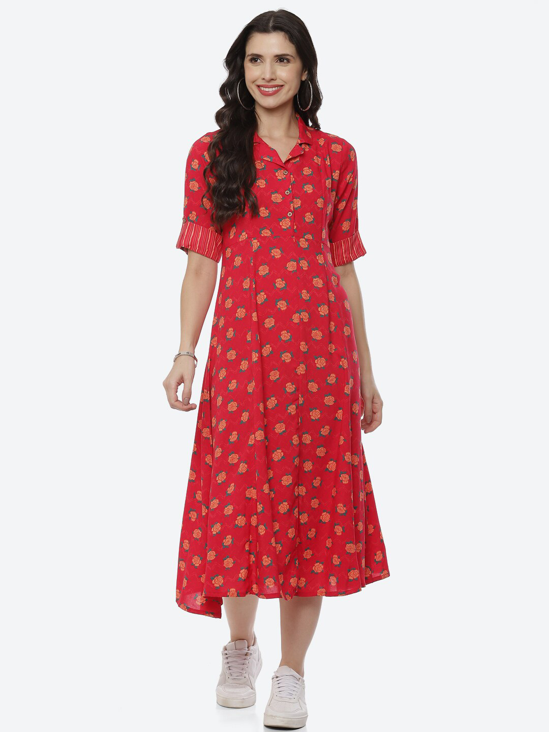 Rangriti Red Floral Shirt Midi Dress