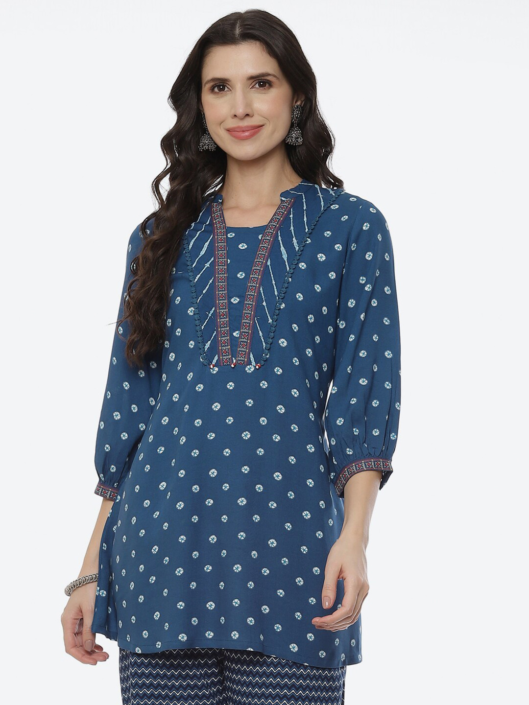 Rangriti Women Blue Geometric Printed Anarkali Kurti