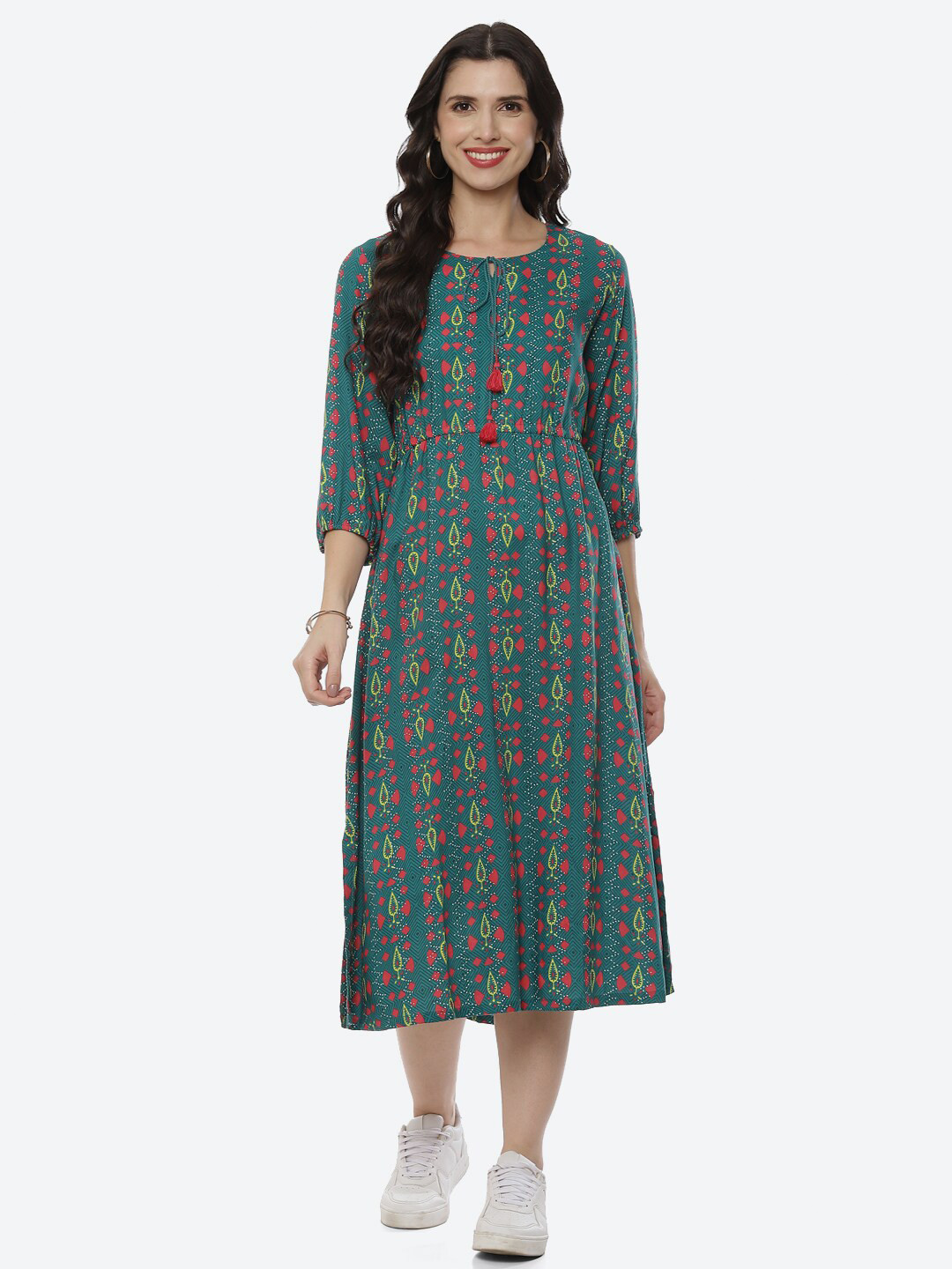 Rangriti Teal Ethnic Motifs A-Line Midi Round Neck Tie Up  Dress