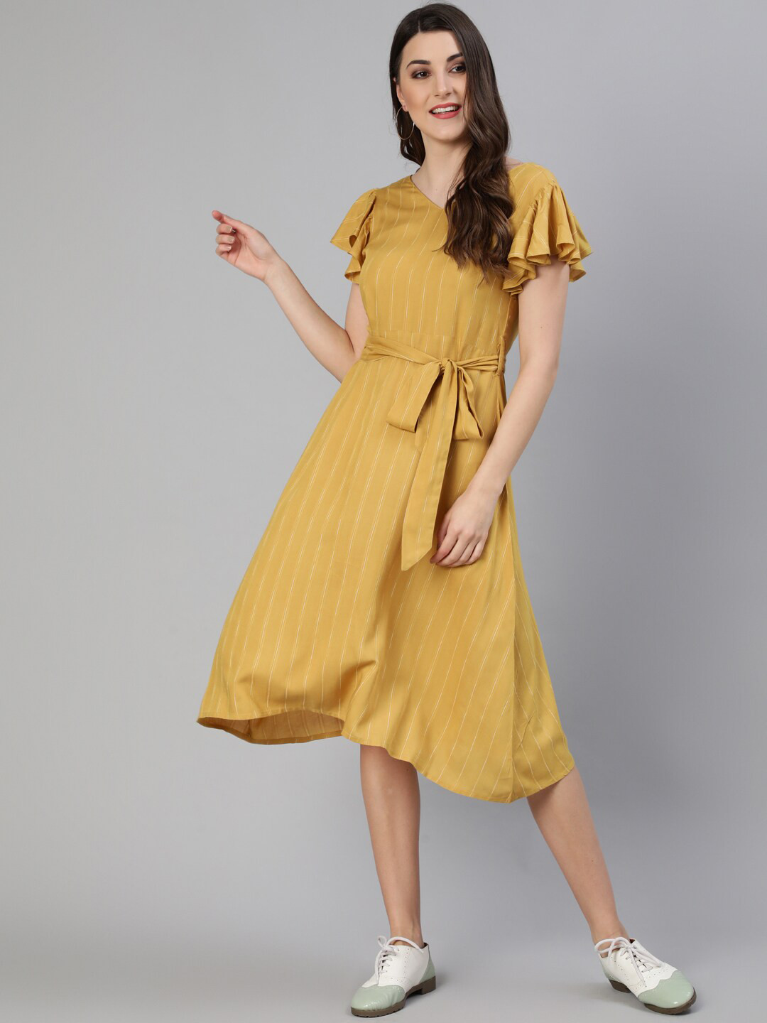 Jaipur Kurti Yellow A-Line Midi Dress with waist tie up