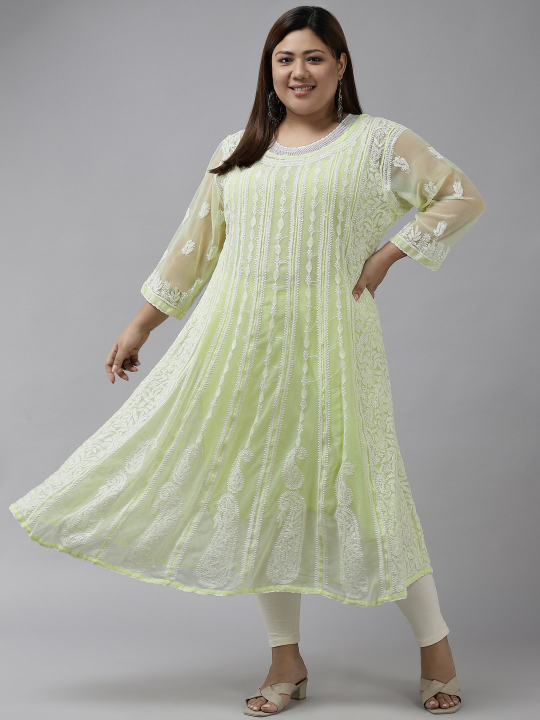 ADA Women Lime Green & White Ethnic Motifs Plus Size Chikankari Georgette Anarkali Kurta