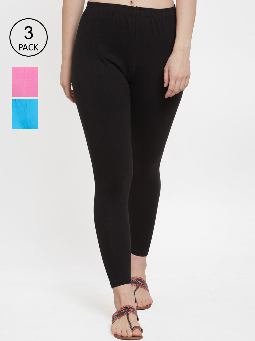 Jinfo Women Black, Light-Pink & Blue Solid Ankle-Length Leggings