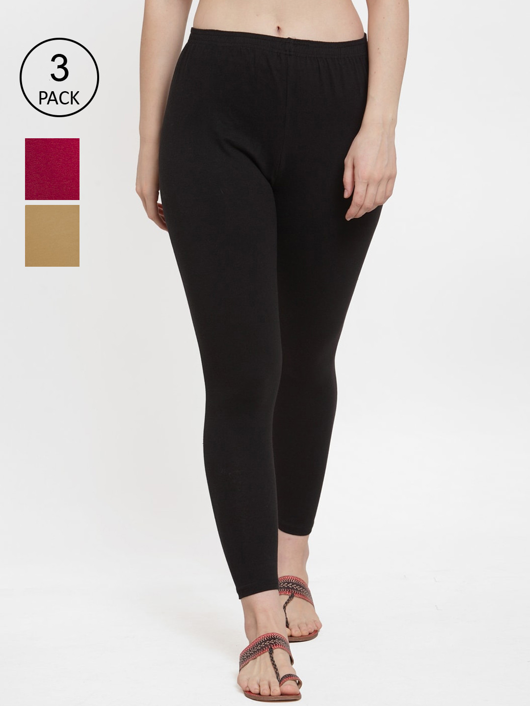 Jinfo Women Pack Of 3 Solid Black, Maroon, Dark Skin Ankle-Length Leggings