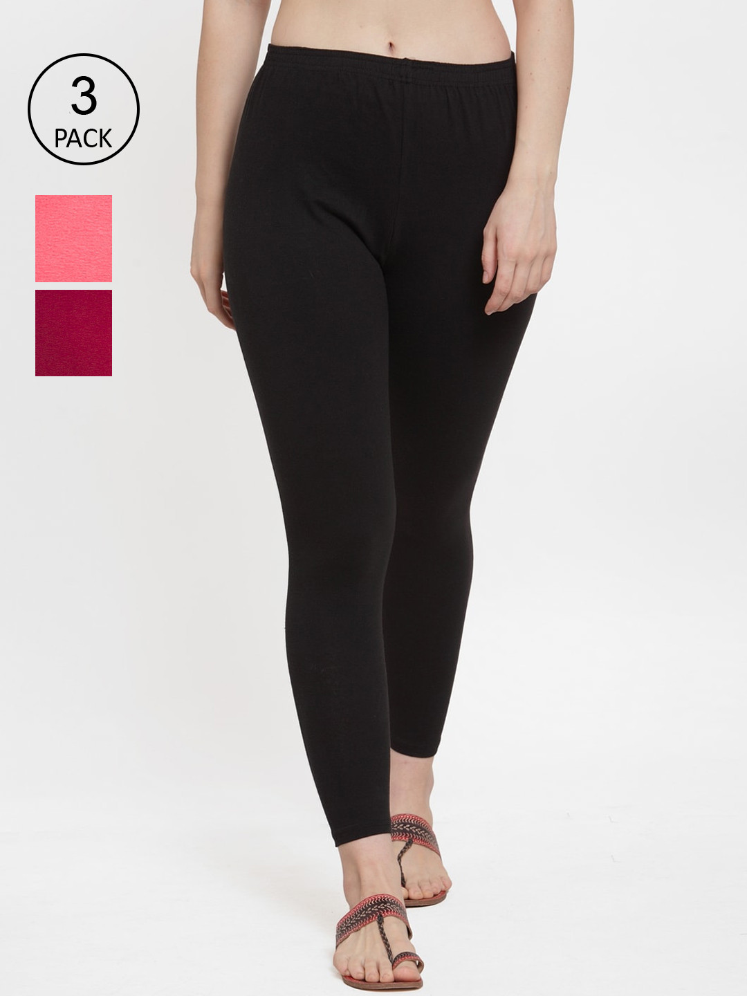 Jinfo Women Maroon Black Pack Of 3 Solid Ankle-Length Super Combed Cotton Leggings