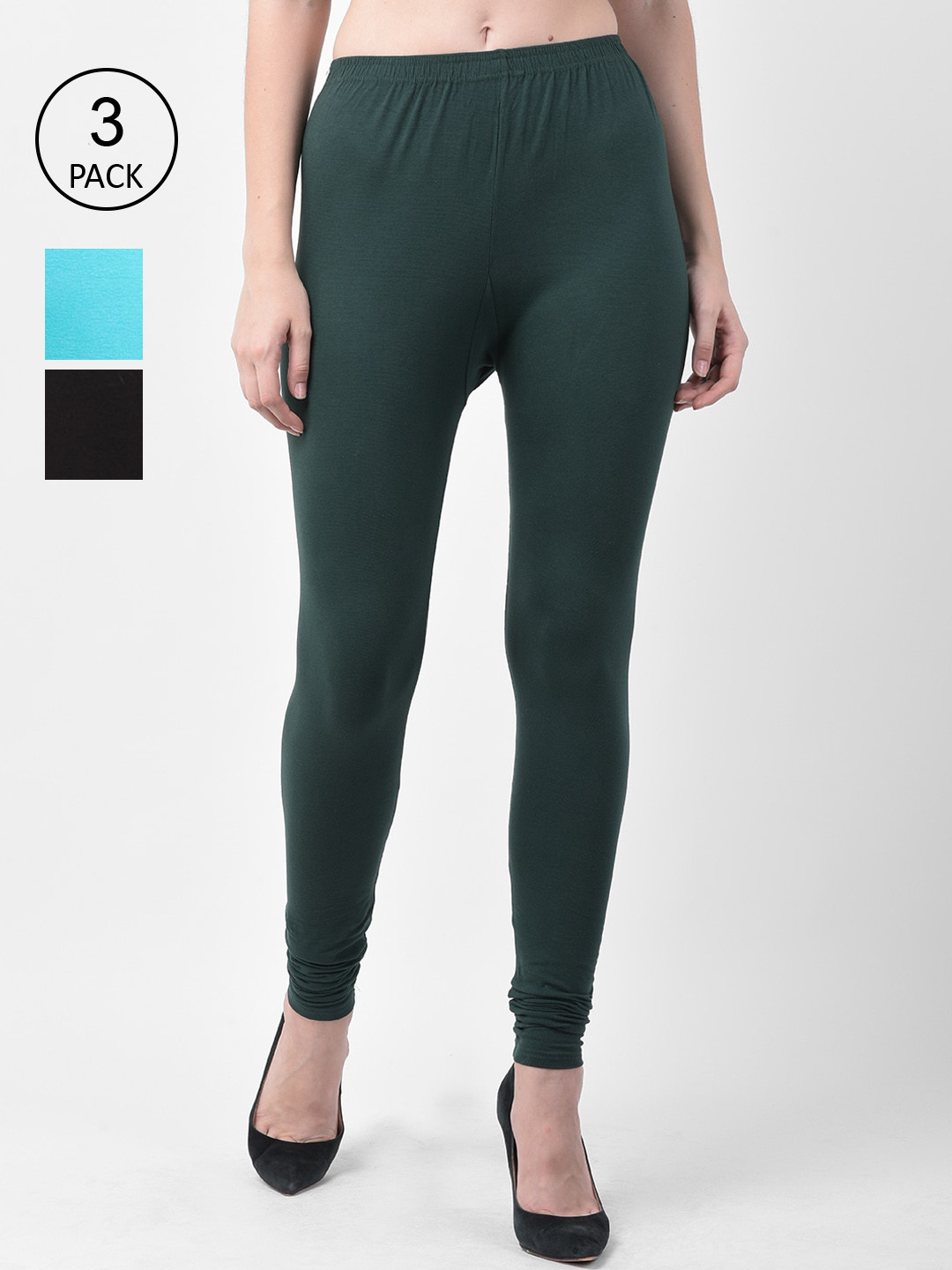 Jinfo Women Black Green Pack Of 3 Solid Ankle-Length Super Combed Cotton Leggings