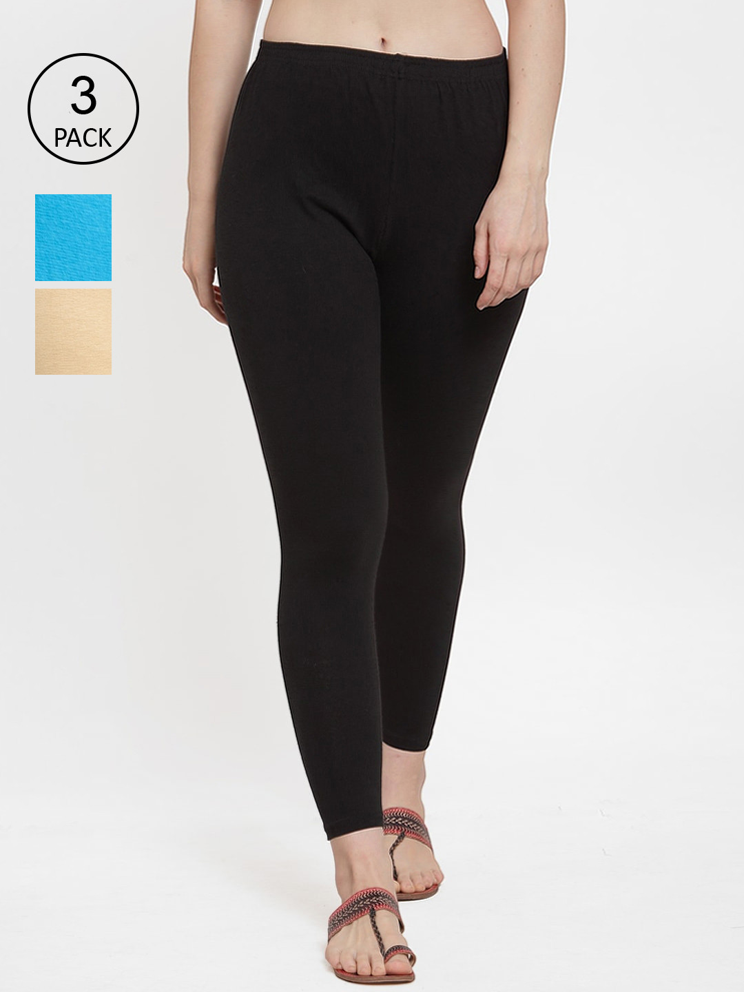 Jinfo Women Black and Blue and Cream Pack Of 3 Solid Ankle-Length Leggings