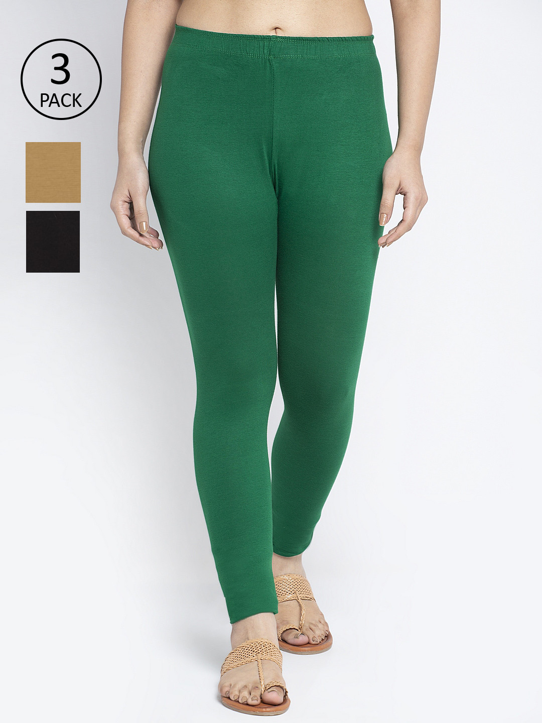 Jinfo Women Green and Black and Cream Pack Of 3 Solid Ankle-Length Leggings