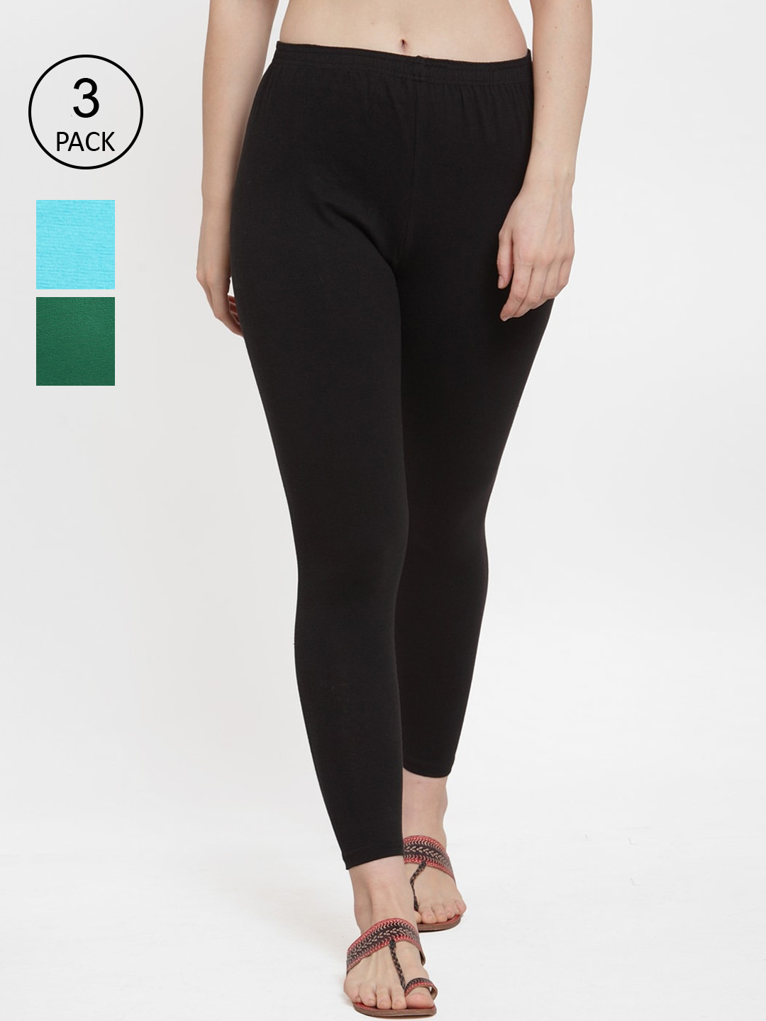 Jinfo Women Black, Green & Aqua Pack Of 3 Solid Ankle-Length Leggings