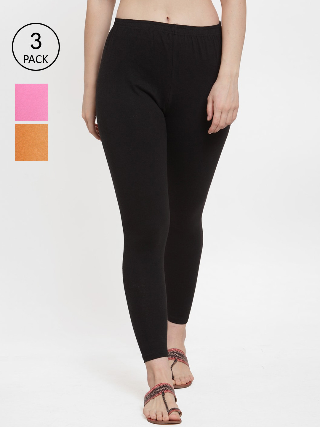 Jinfo Women Black, Pink & Orange Pack Of 3 Solid Ankle-Length Leggings