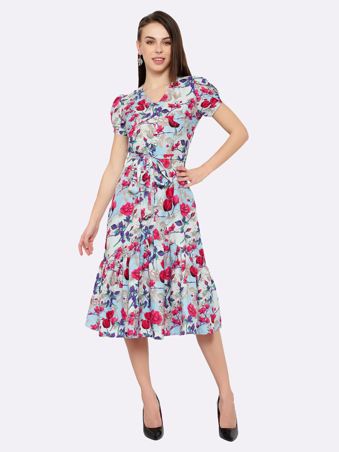 shashvi women's Blue & Red Floral Crepe Dress