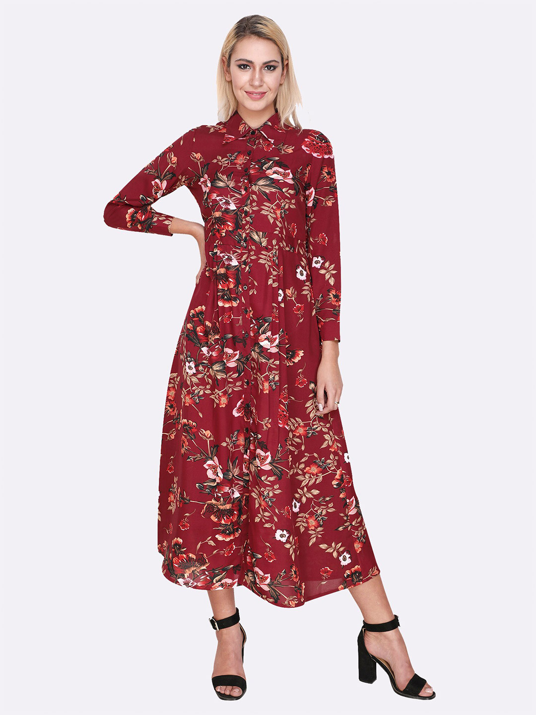 shashvi Red Floral Crepe Shirt Maxi Fit and Flare Dress