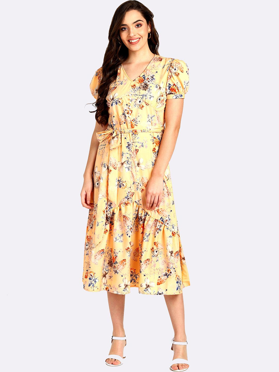 shashvi Women Yellow & Blue Floral Printed Fit and Flare Western Midi Dress